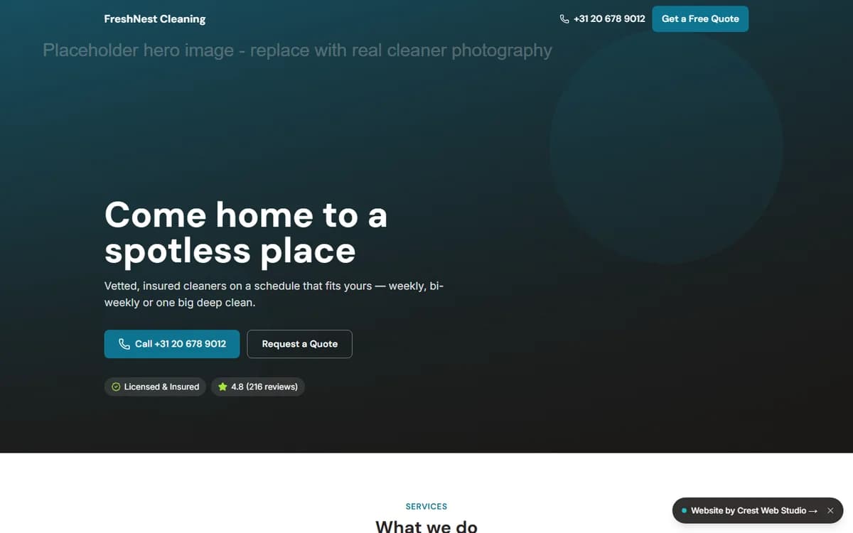 Screenshot of the FreshNest Cleaning demo website