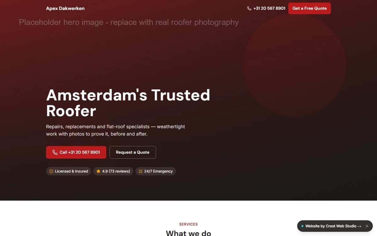 Screenshot of the Apex Dakwerken demo website