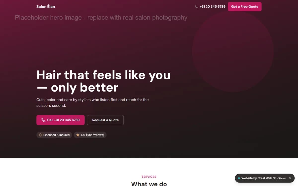 Screenshot of the Salon Élan demo website